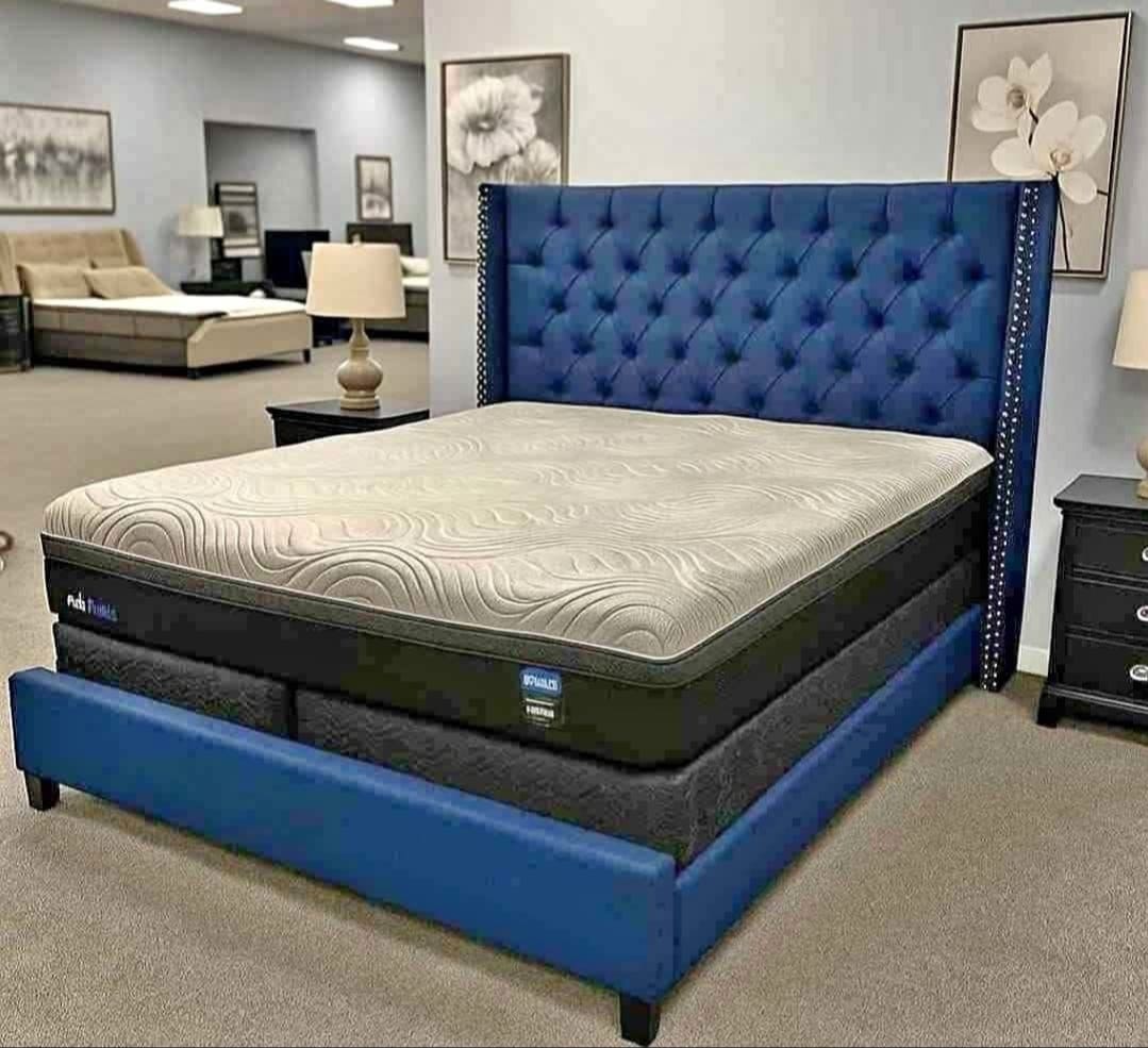 Navy tufted bed set with mattress