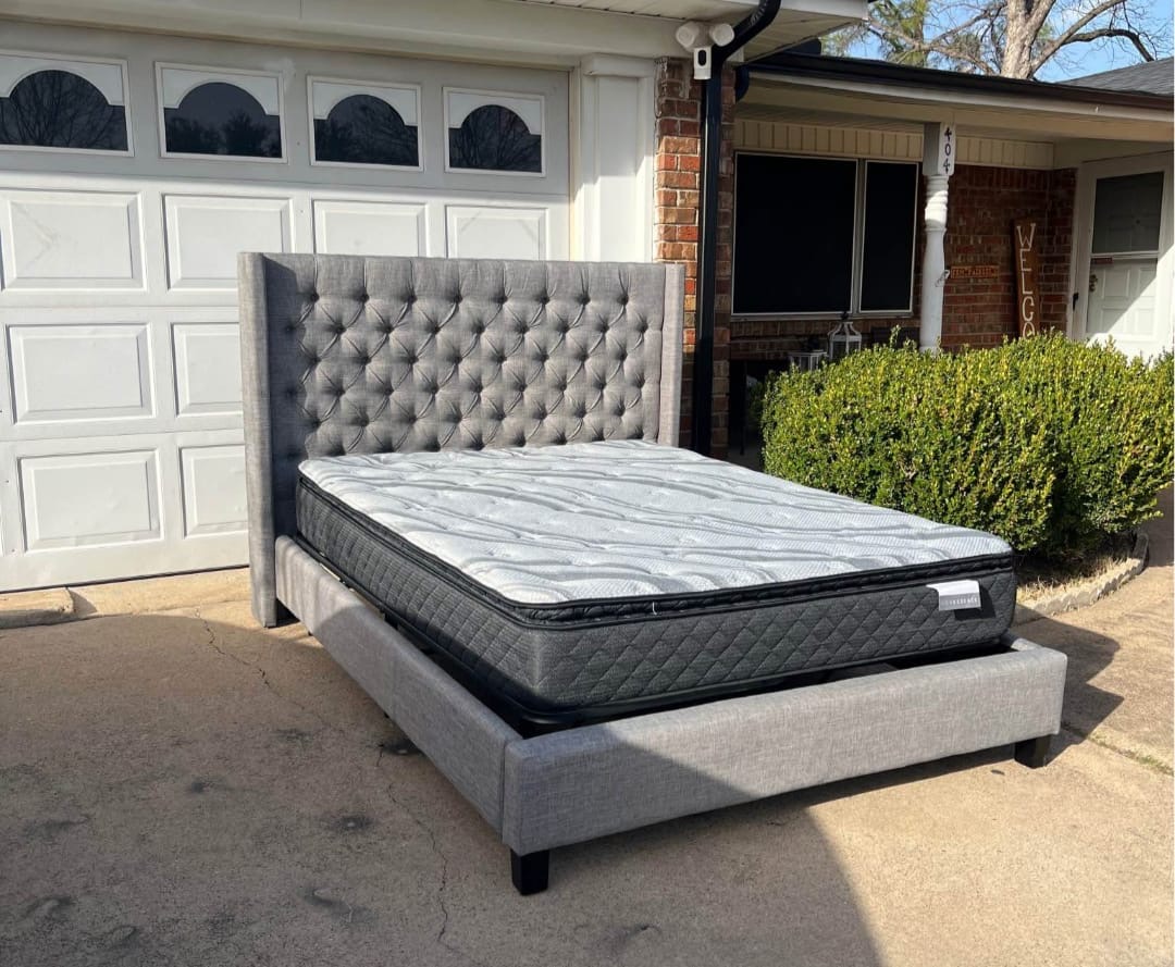 Grey short headboard bed set with mattress