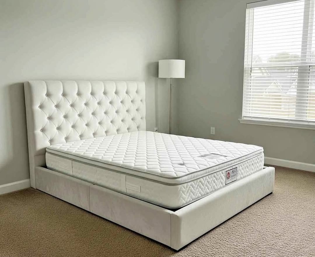 White tufted bed set with mattress