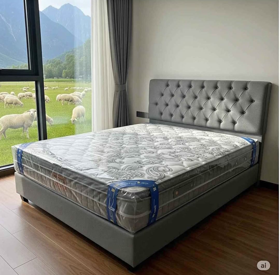 Grey tufted bed set with mattress