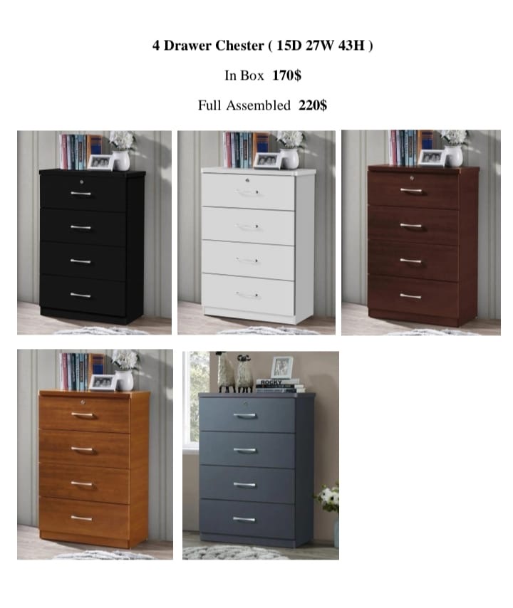 4 drawer chester, $170 in box, $220 assembled, five color options