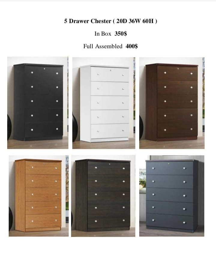 Tall 5 drawer chest, $350 in box, $400 assembled, six color options