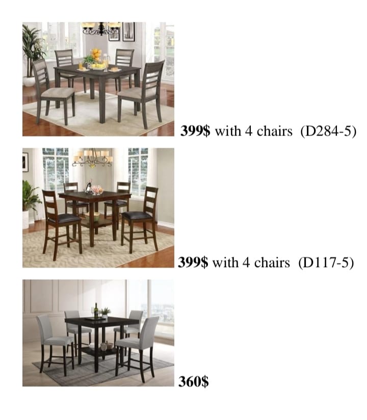 Wood dining sets, prices ranging $360 to $399