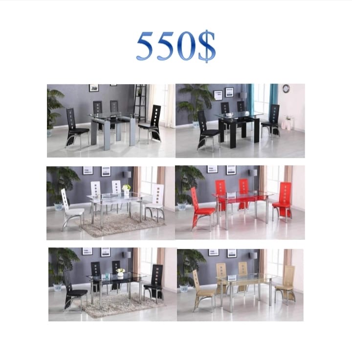 Glass top dining sets with 4 chairs, $550, six color options
