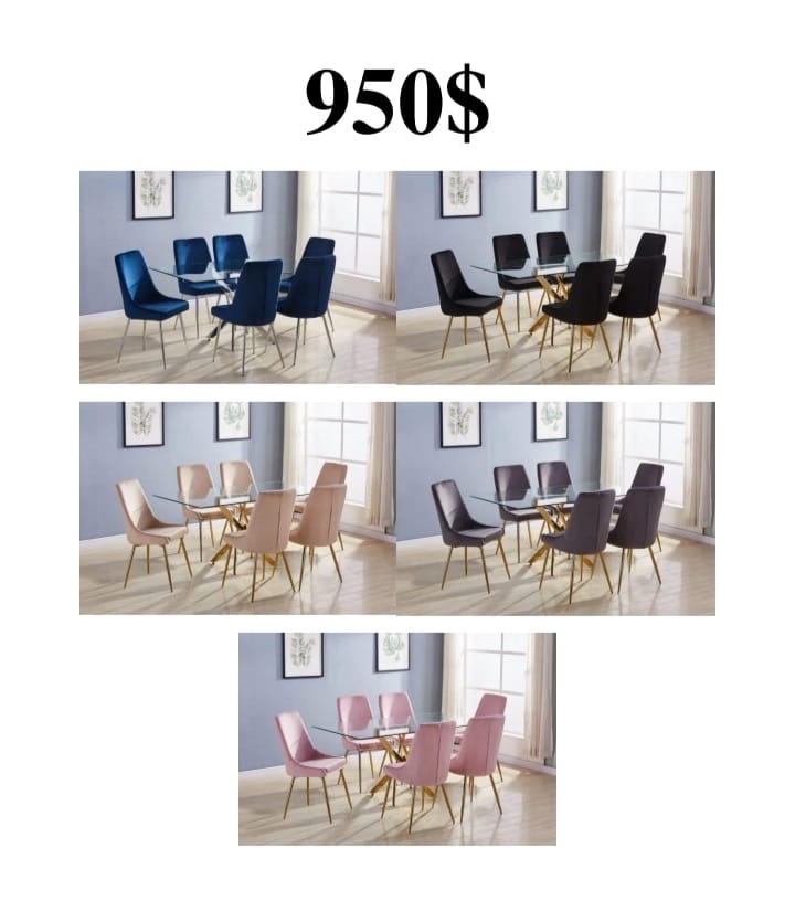 Velvet dining set with glass table and gold legs, $950, five color options