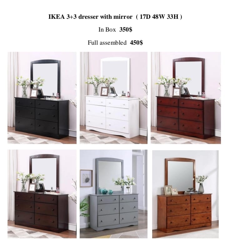 3+3 drawer dresser with mirror, $350 in box, $450 assembled, six color options
