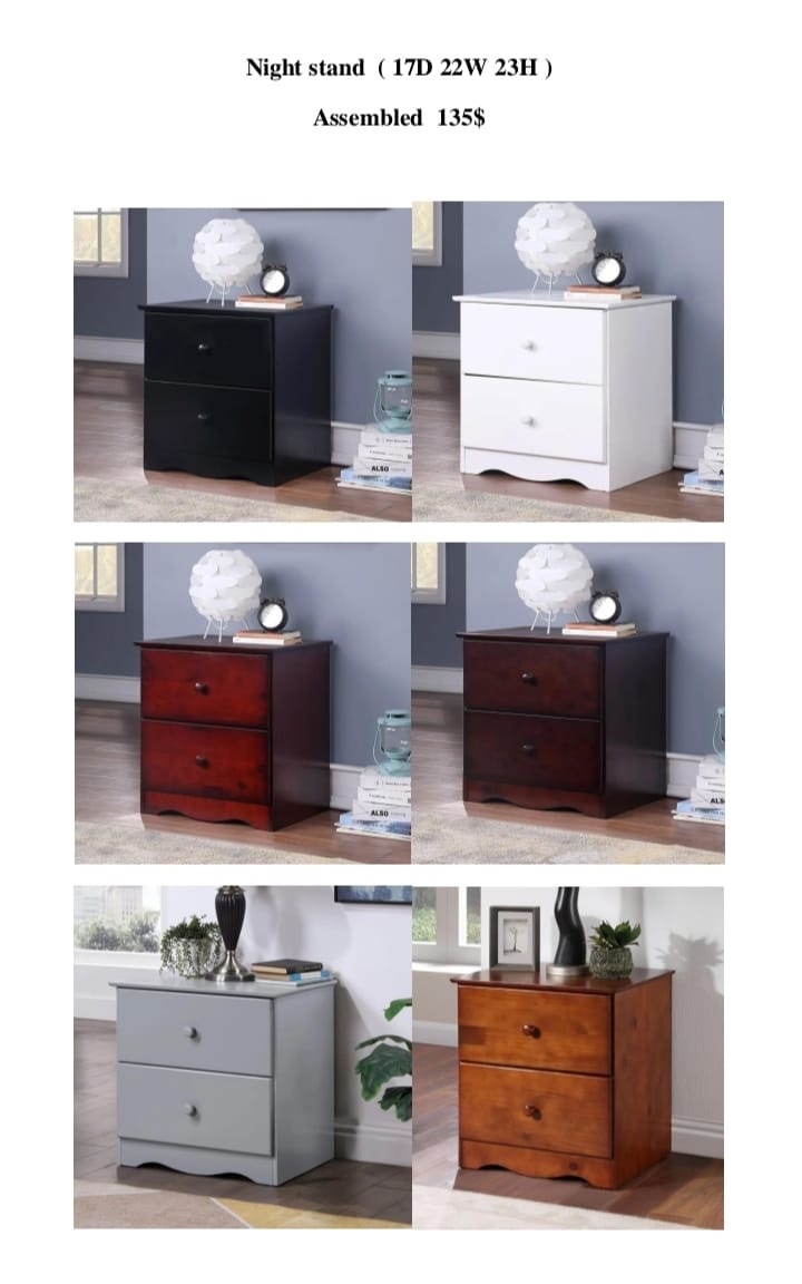 2 drawer nightstand, $135 assembled, six color options