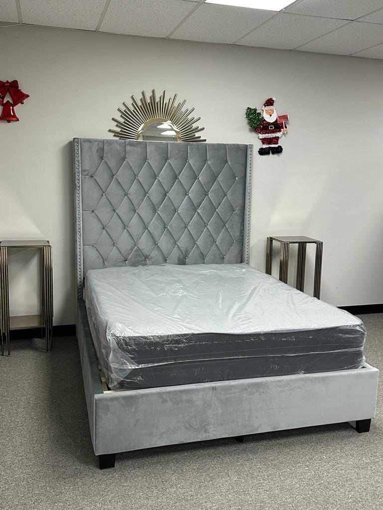 Grey tall tufted headboard bed set