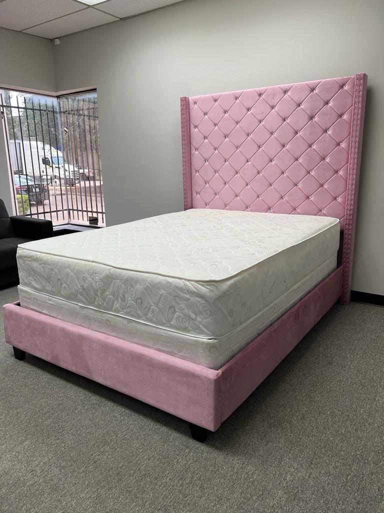 Pink tall tufted headboard bed set