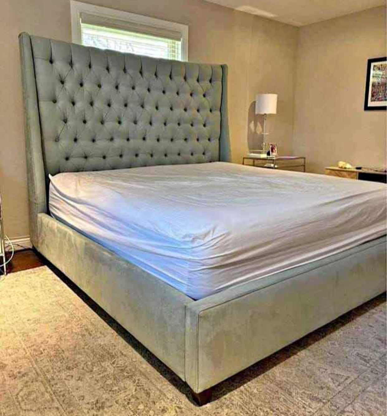Sage tall tufted headboard bed set