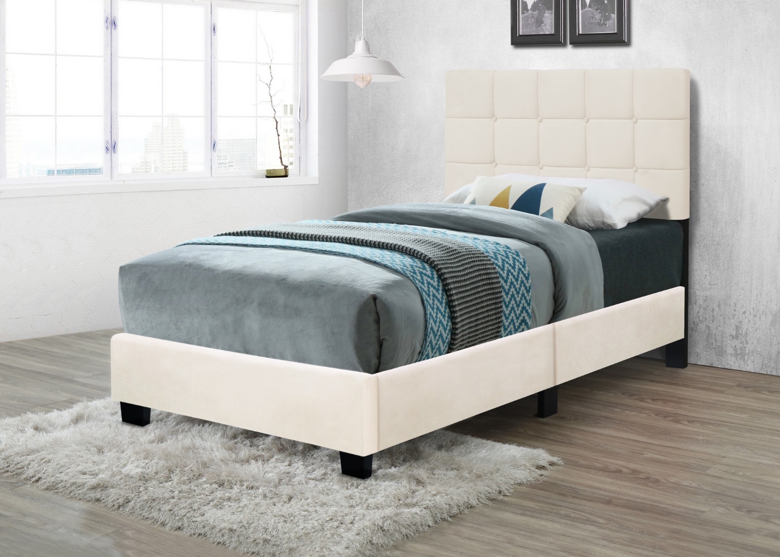 Cream velvet tufted twin platform bed