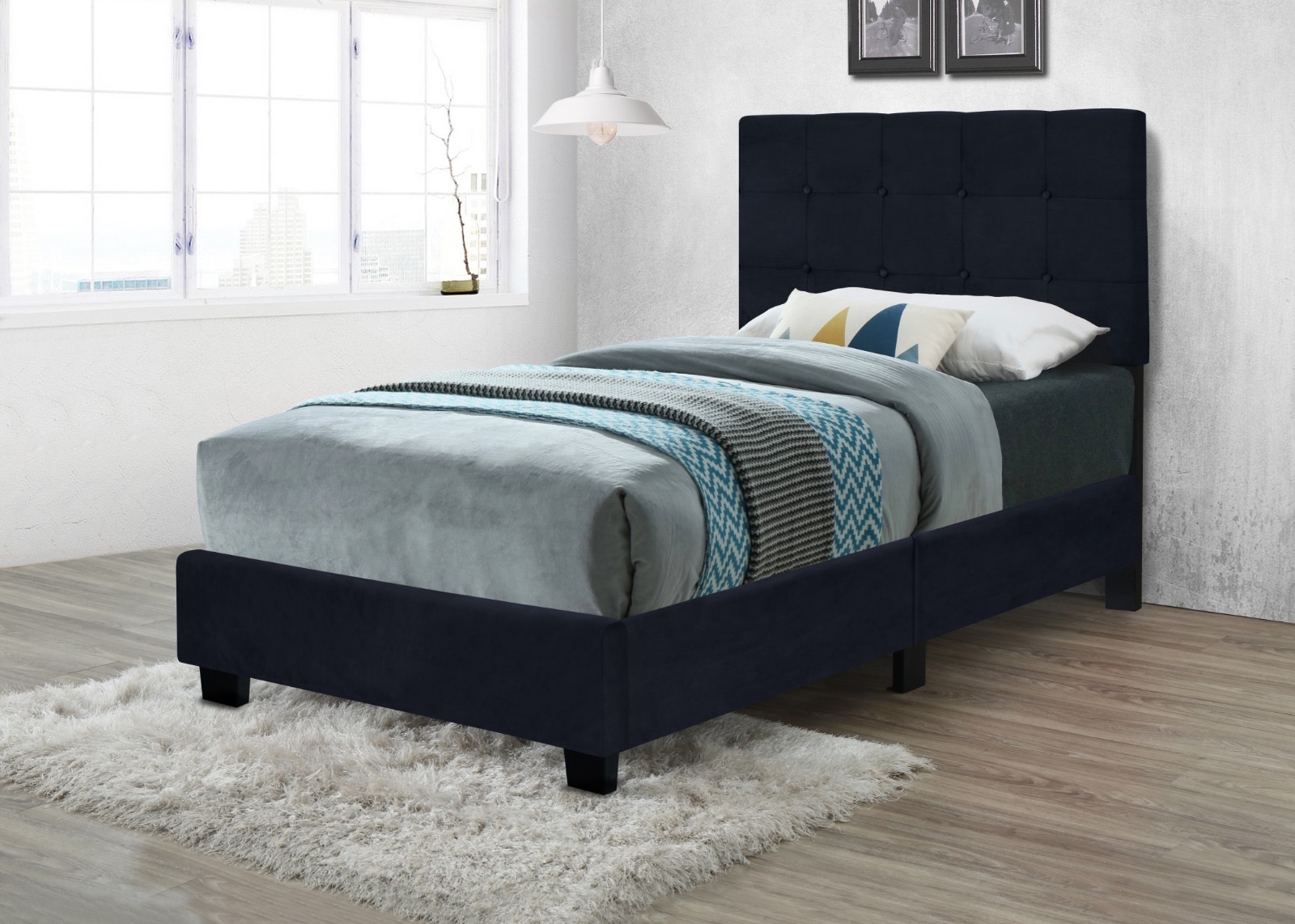 Navy velvet tufted twin platform bed